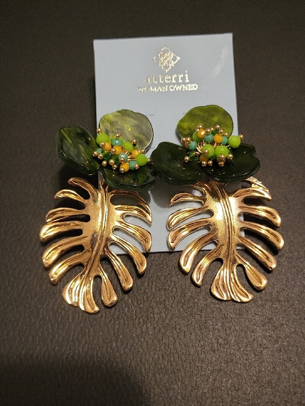 Atterri Gold Leaf and Green Floral Drop Earrings Bnwt Rt TL